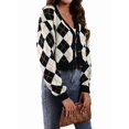 thumbnail image 3 of Women'S Knit Cardigan Sweaters Long Sleeve Argyle Open Front Button Down V Neck Cropped Coats Casual Trendy Tops Apricot Black L, 3 of 10