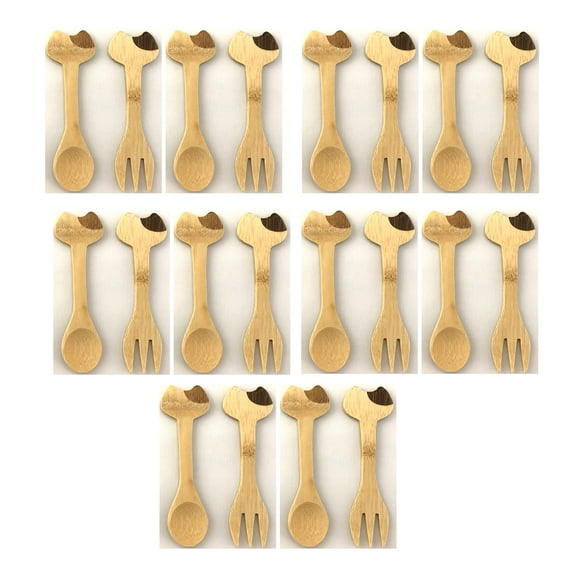 JB Home Collection, 20-Piece Cat Shaped Bamboo Spoons and Forks Set for Kids, Eco-Friendly Utensil Set for Appetizers, Dessert, Yogurt, Ice Cream, Sugar, and Tea Time