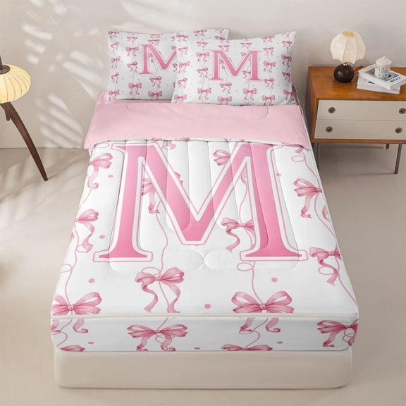 Manfei Pink Ribbon Bowknot Zipper Twin Comforter Sets with Fitted Sheet and 2 Pillowcases For Girls,Cartoon 3D Letter M Personalized Zipper Bedding Set For Kids,Pink Reversible,4-Piece