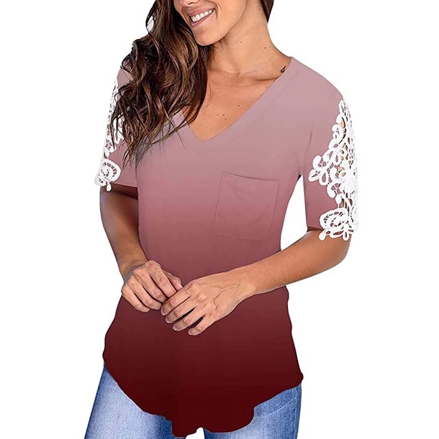 Pompotops T-Shirt en Dentelle à Manches Courtes à Manches Courtes pour Femmes