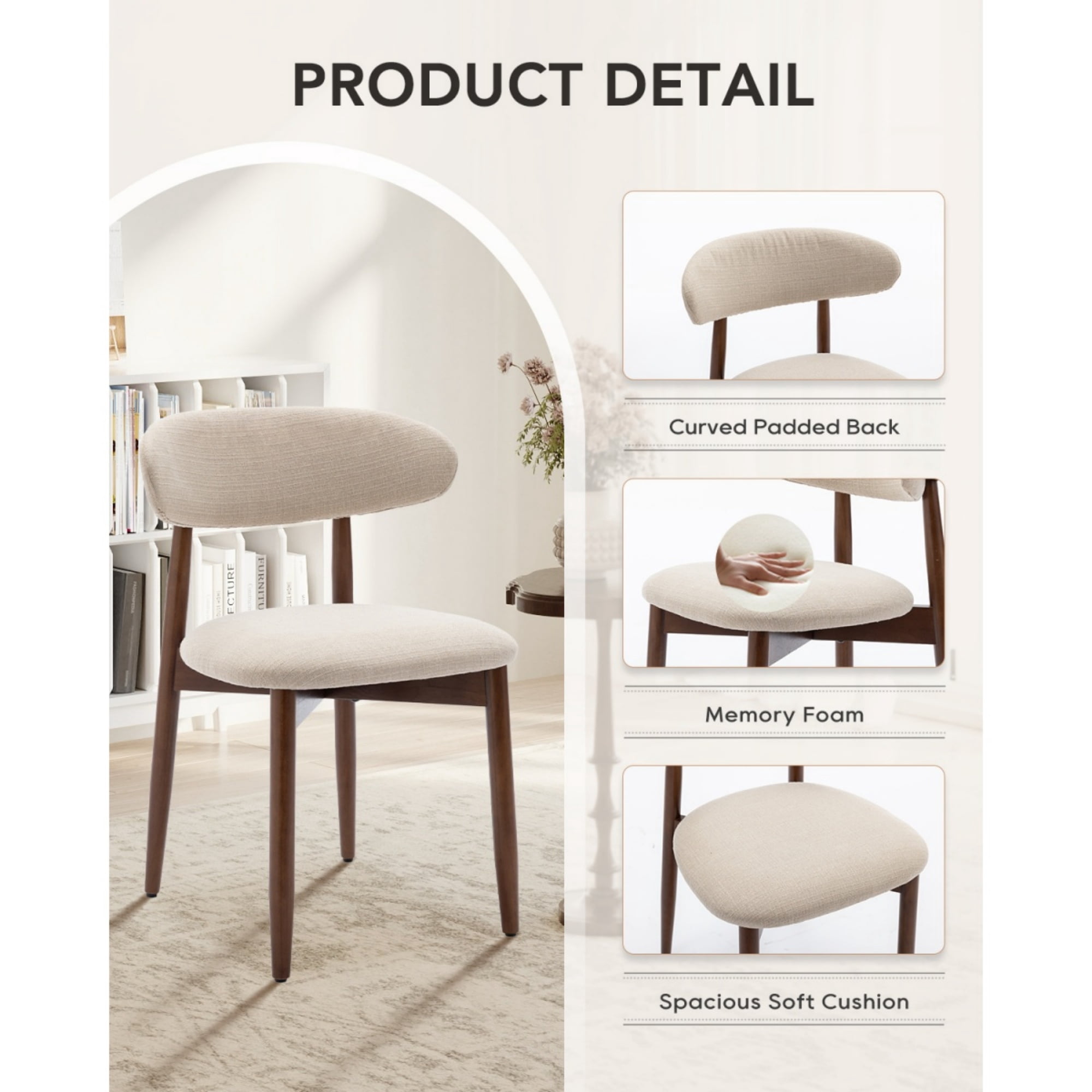 EOP Wooden Dining Chairs Set of 6, Farmhouse Kitchen Side Chairs with Foot Pegs, Mid-Century Modern Fabric Upholstered Dining Room Chairs for Kitchen, Dining Room, Beige