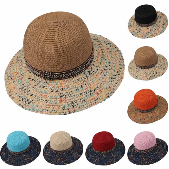 Noric Women Summer Sun Hat Color Block Wide Brim Floppy Hat Bohemian UV Protection Cap for Beach Vacation