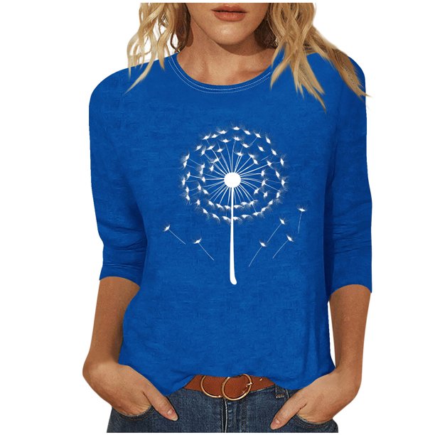 Tops de Cuello Redondo para las Mujeres Moda Impresa 3/4 Mangas Blusa Casual Top, Estante de Imitación