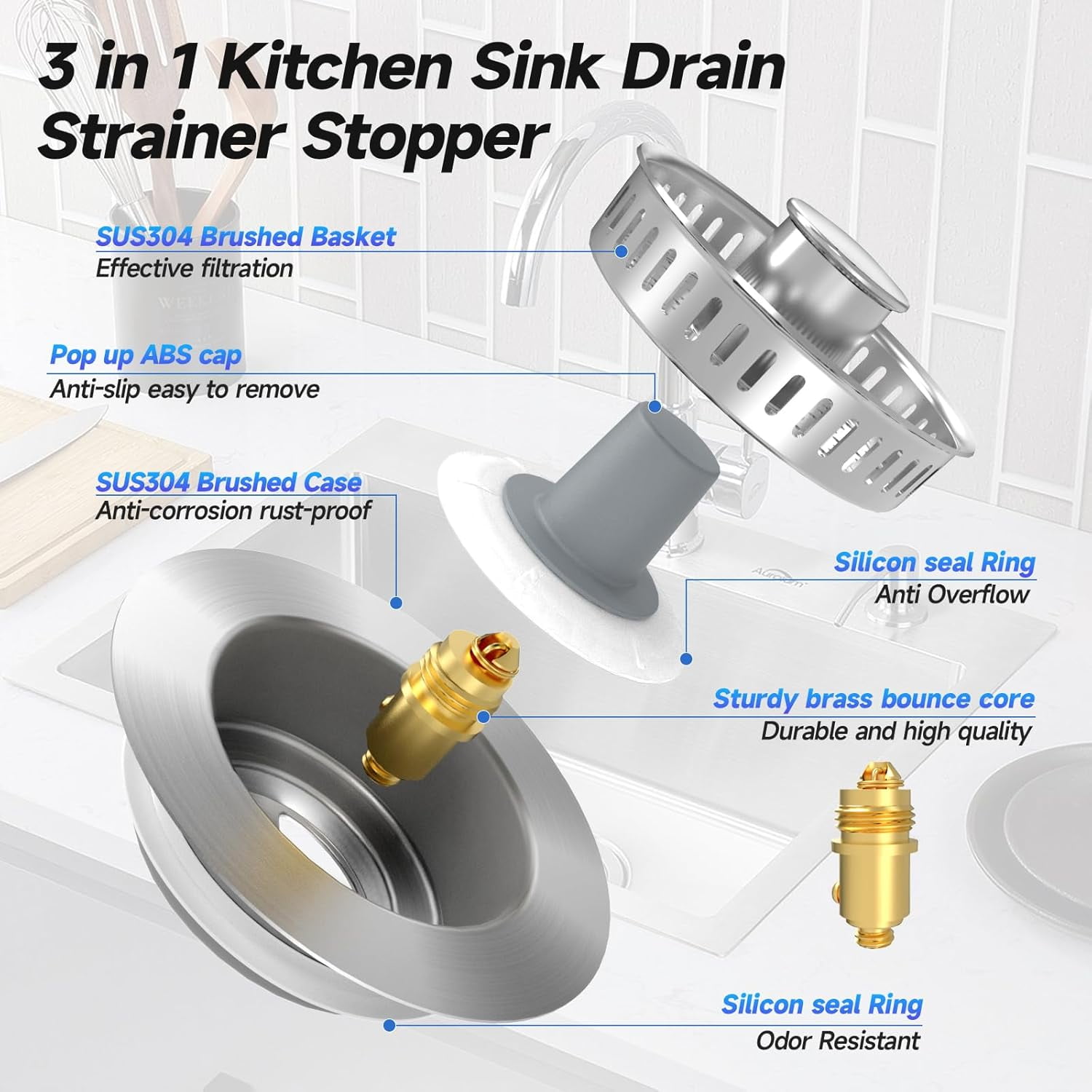 Xlhshop 3-in-1 Kitchen Sink Drain Strainer & Stopper Combo, Stainless Steel with Anti-Clogging Basket, Fits 3-1/2 Inch Drains