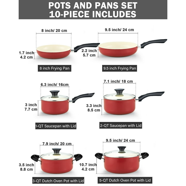 Cook N Home Pots and Pans Set Nonstick, 10 Piece Ceramic Kitchen Cookware  Sets, Nonstick Cooking Set with Saucepans, Frying Pans, Dutch Oven Pot with  Lids, Red 