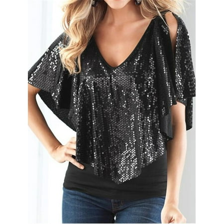 Sequin Tunic Blouse - Women Solid Color Sequin Short Sleeve Ruffle Blouse Tunic Cold Shoulder T-Shirt