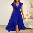 thumbnail image 1 of IDALL Robes d'Été, Robes Petites Femmes Col en V Manches Courtes à Volants Longue Robe Élégante, Robe Ajustée et Évasée, Robes Femmes Bleu 1 Robe m, 1 of 5