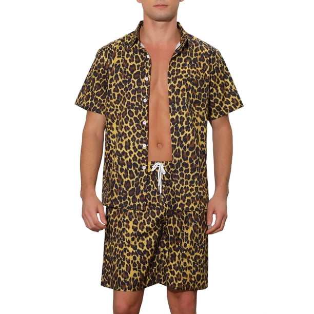 Camisas impresas de animales INSPIRE CHIC para hombres, conjunto de 2 piezas de verano, camisas hawaianas y pantalones cortos, color marrón