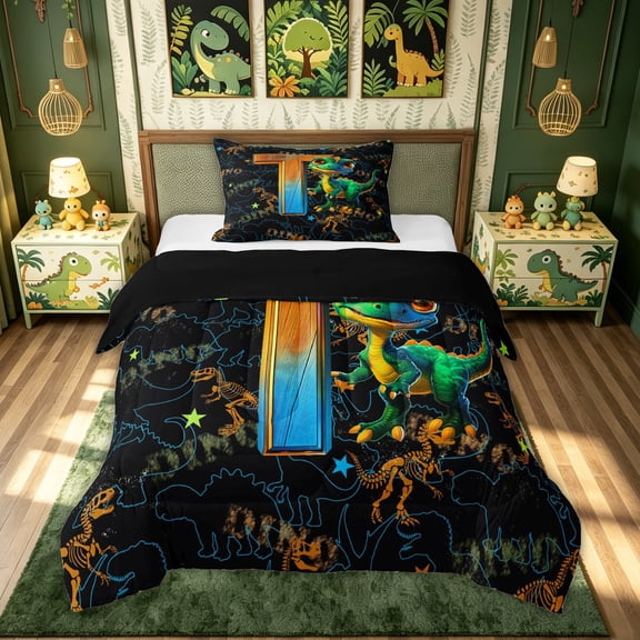 meiyoeat Dinosaur T Initial Twin Comforter Sets, Cartoon Animals Bedding Set for Boys Girls, Black Reversible, 2-Piece, 1 Comforter and 1 Pillowcase
