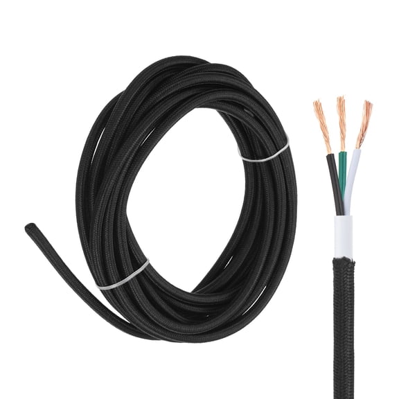 Uxcell 15Ft Cloth Covered Lamp Wire, UL Listed 18AWG 3 Conductor Fabric Vintage Industrial Cord, 300V SVT Braided Electrical Wire for DIY Lamp Parts Lighting Project, Black