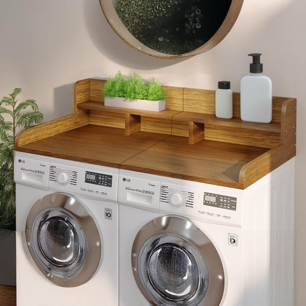2-Tier Washer Dryer Countertop with Edge Rails, Washer and Dryer Double Topper, Water-Resistant Laundry Topper for Laundry Hamper Counter Storage, Black, 54" W x 27.5" D, Walnut