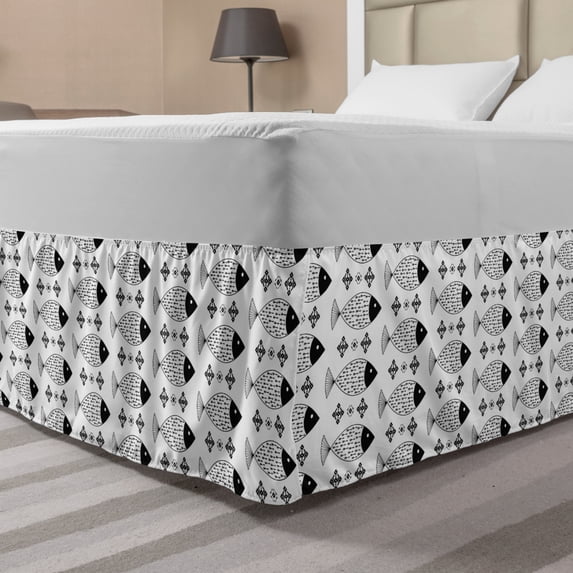 Modern Bed Skirt, Ocean Sea Life Fish Geometric Shapes Stripes Contemporary Artwork Image Print, Elastic Bedskirt Dust Ruffle Wrap Around for Bedding Decor, 4 Sizes, Black and White, by Ambesonne