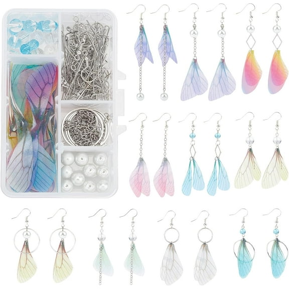 DIY Earring Making Kits Including Polyester Fabric Dragonfly Wings Crafts Decoration Glass Beads Brass Findings Platinum Beads: 30pcs