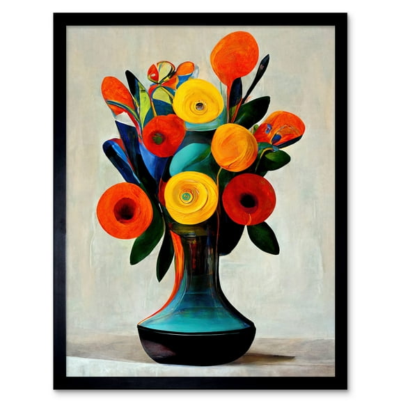 Midcentury Style Bright Floral Bouquet Flowers Painting Orange Yellow Red Turquoise Art Print Framed Poster Wall Decor 12x16 inch
