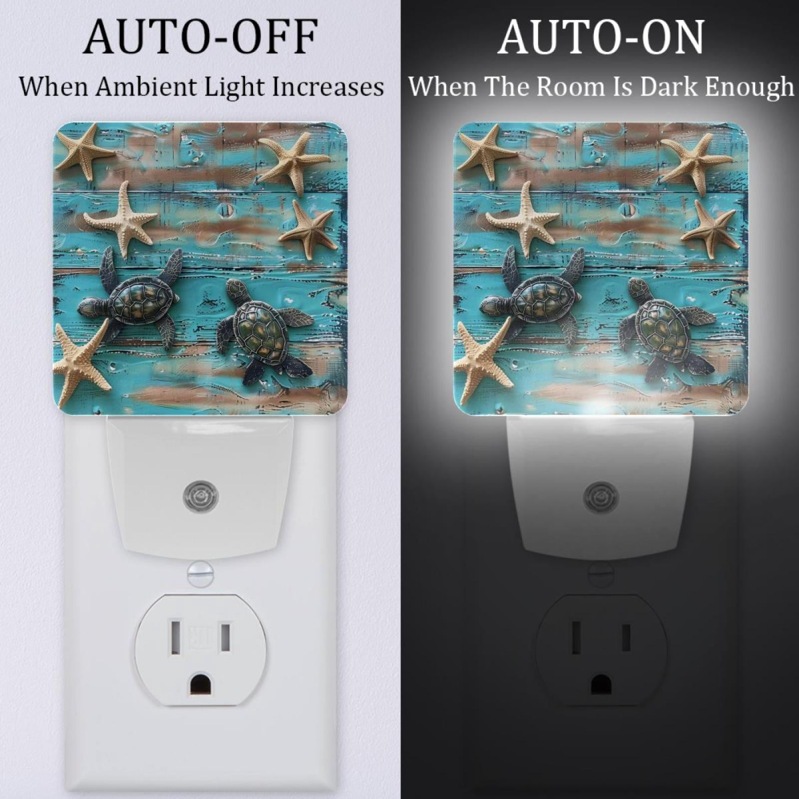 PhooArto Vintage Wooden Board Seashell Turtle Plug in LED Night Light Auto Sensor Dusk to Dawn Decorative Night for Bedroom, Bathroom, Kitchen, Hallway, Stairs, Baby's Room, Energy Saving