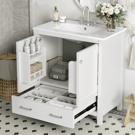 Bellemave 30" Bathroom Vanity with Single Sink, Wood Combo Cabinet Undermount Sink, Bathroom Storage Cabinet with 2 Doors and a Drawer, Soft Closing, Multifunctional Storage (White)