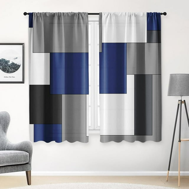 CUITING Black Grey Kitchen Curtains 63 Inch Length Geometric Window Curtains Over Sink Set of 2 Gray White Curtain for Bedroom Living Room Modern Abstract Kitchen Decor 42x63 Inch