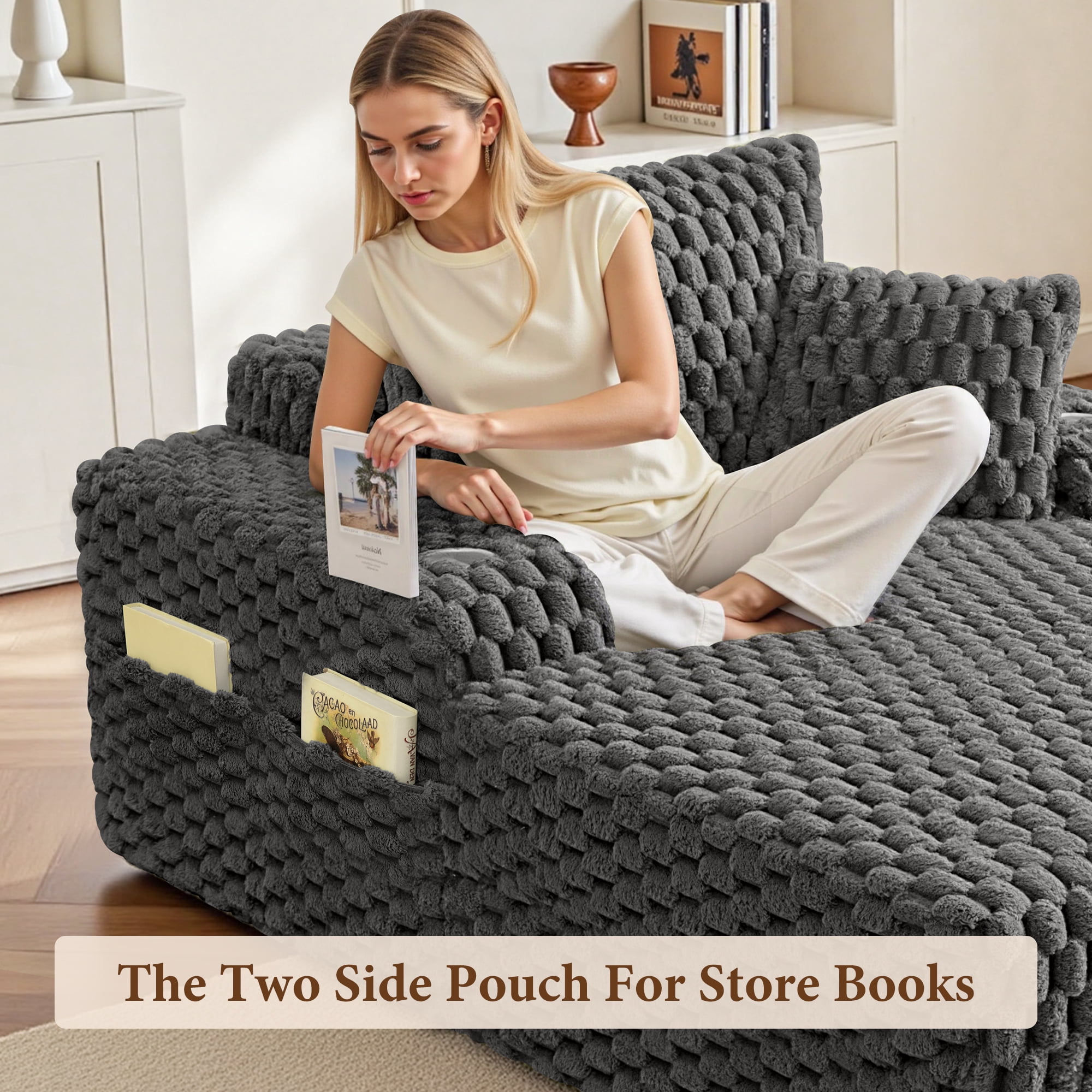 ATHOPE 67.3" Chaise Lounge Chair Indoor, Corduroy Couch Chair with Pillows, Comfy Reading Chairs with Wide Arms, Upholstered Sleeper Sofa for Living Room, No Assembly Required, Gray