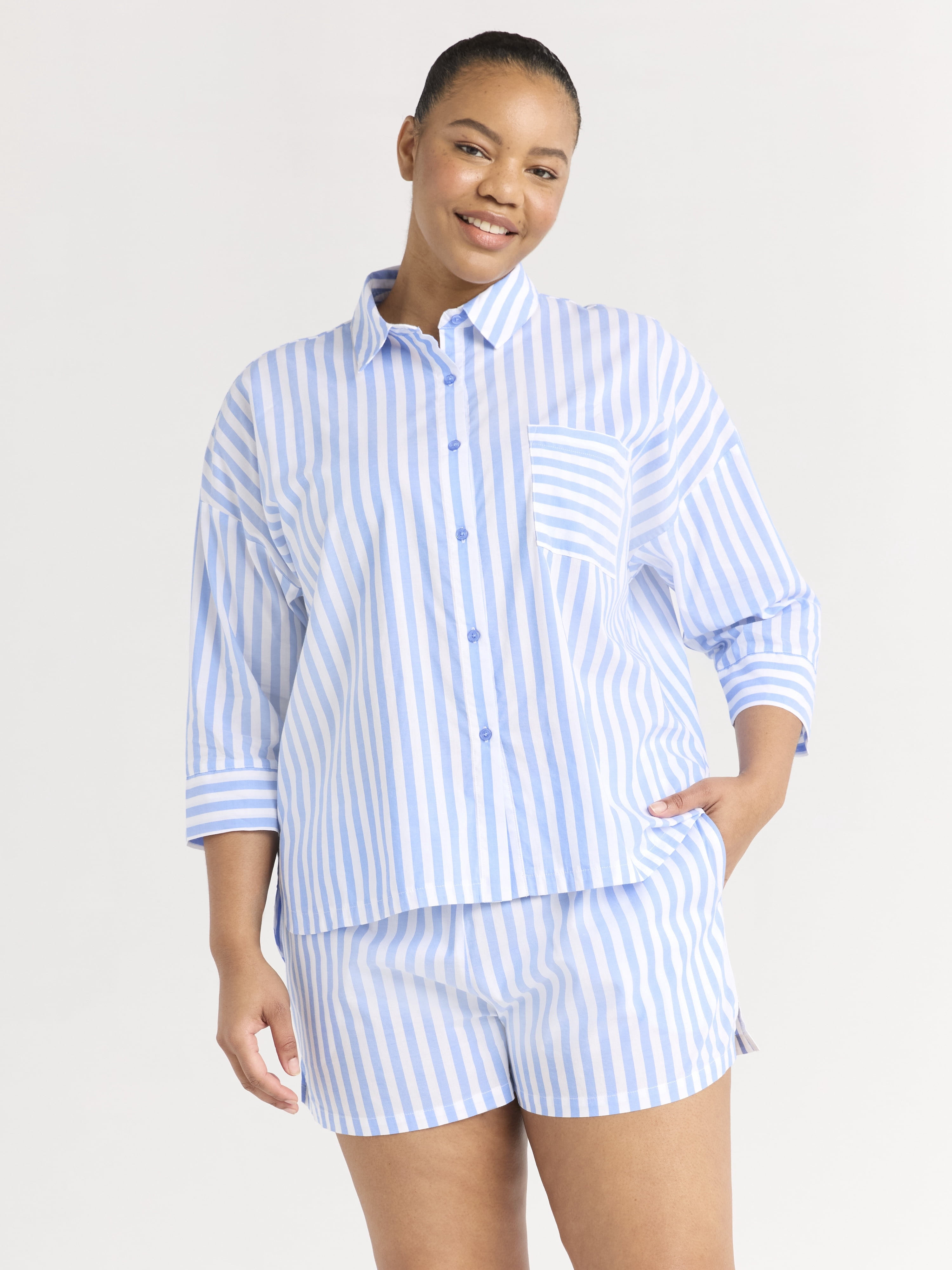 Joyspun Women’s Woven ¾ Sleeve Notch Collar Top and Boxer Shorts Pajama Set, Sizes XS-3X