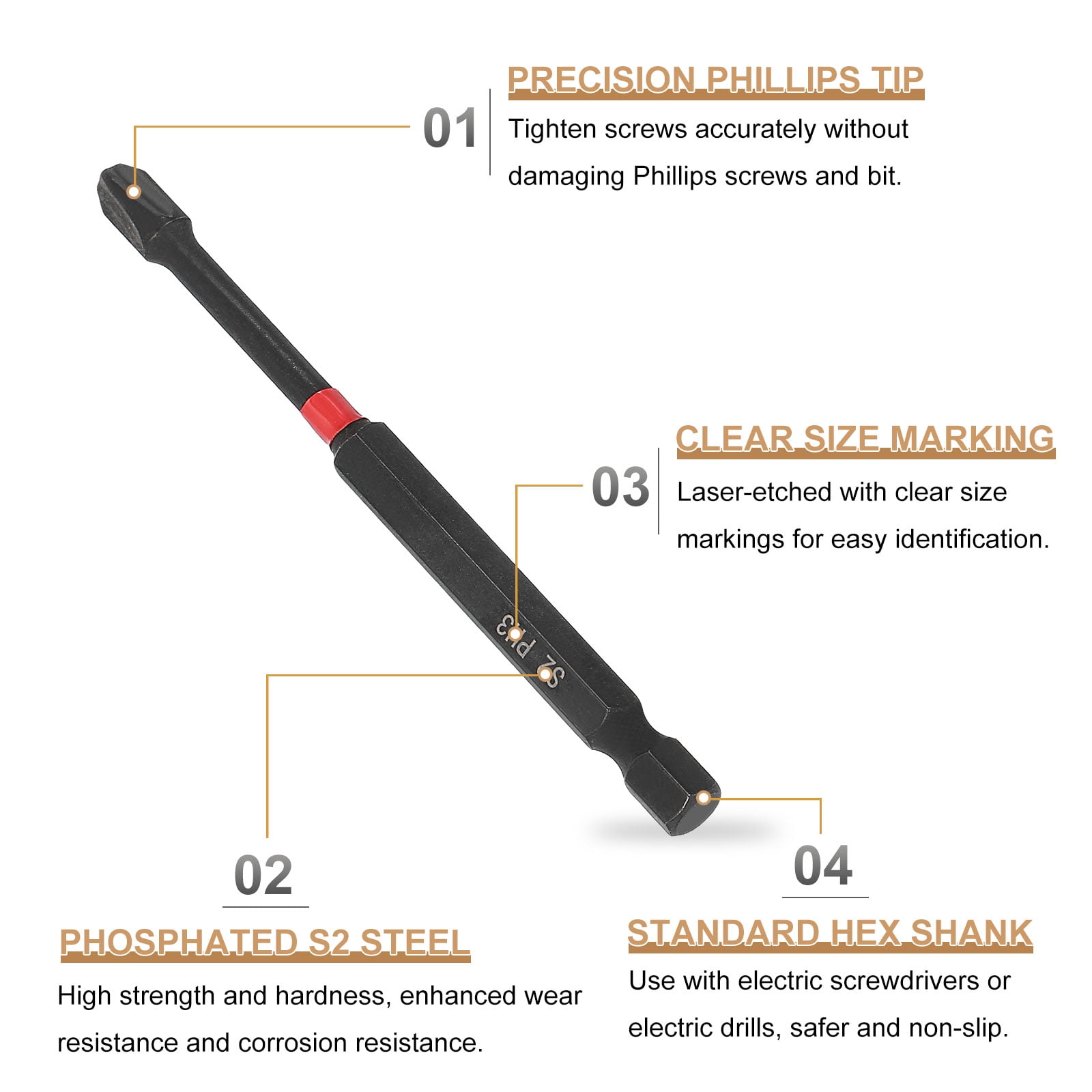 10pcs #3 Phillips Impact Screwdriver Bit PH3 1/4" Hex Shank 3.5" (90mm) Long Magnetic Cross Head Drill Bits S2 Steel Industrial Screw Driver for Impact Power Drivers, Black/Red