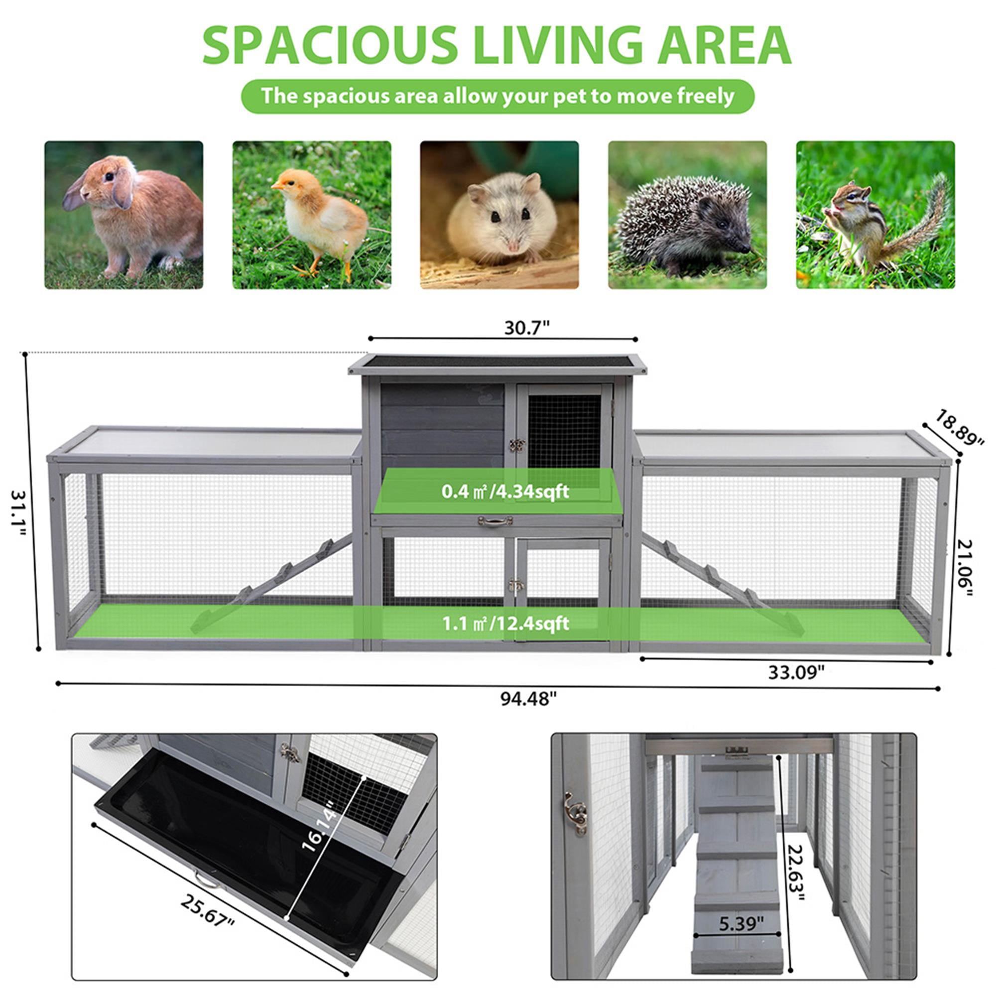 Kadyn 94" Outdoor Large Rabbit Hutch with Run, Wood 2-Story Chicken Coops for 4-6 Rabbits, Pet Cages for Small Animals, Gray