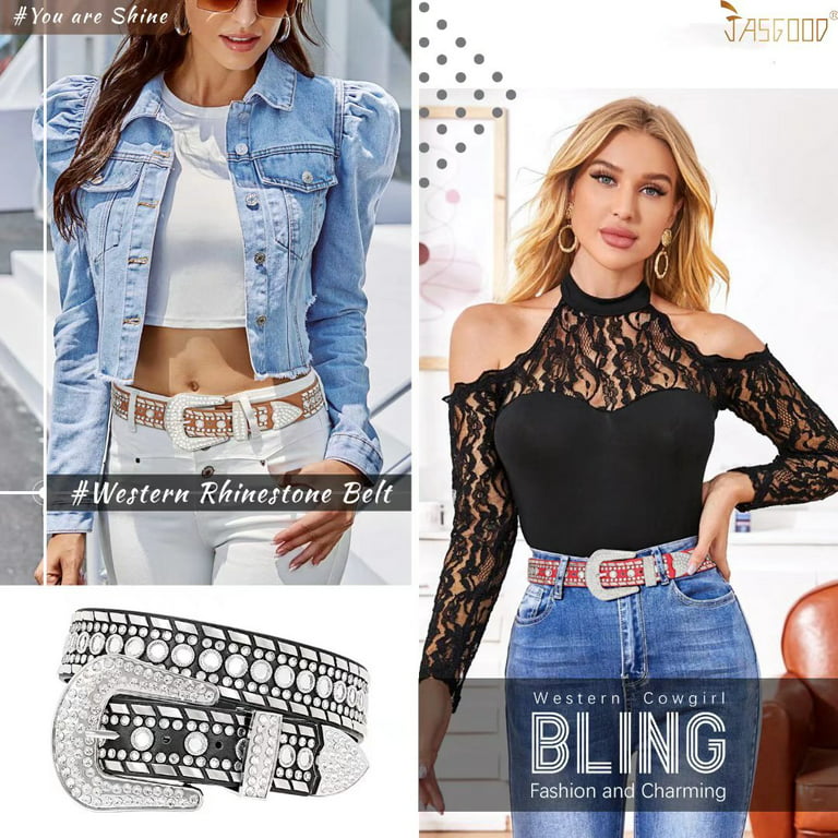 JASGOOD Rhinestone Belt for Women and Men Ladies Weatern Cowgirl Cowboy  Bling Belt for Jeans Pants Dress at  Women’s Clothing store