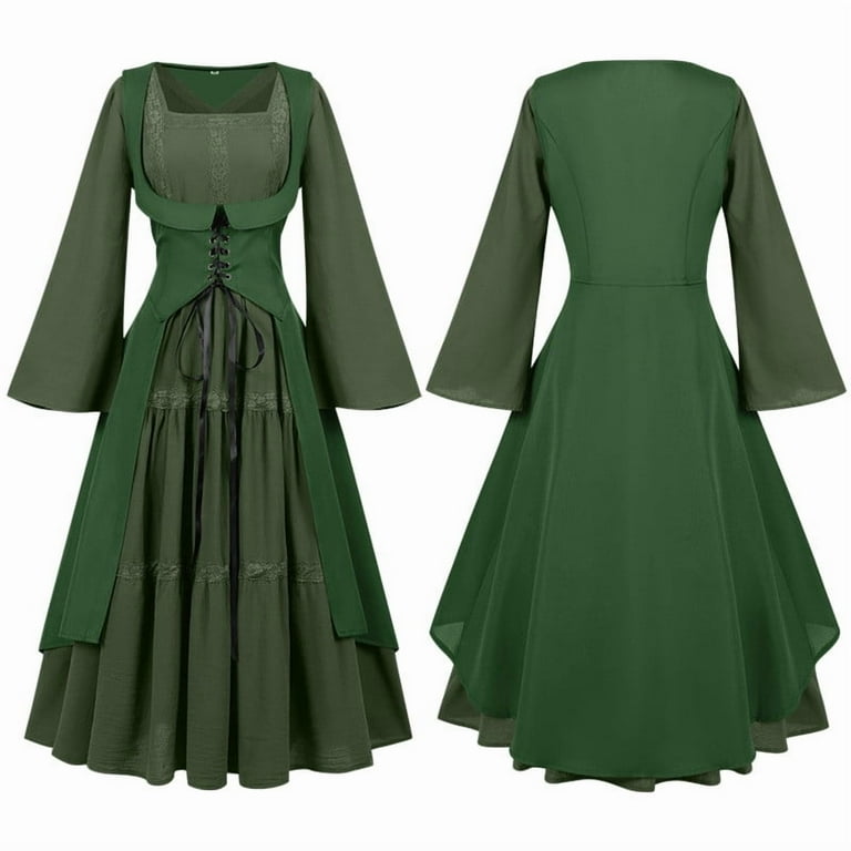 FAVIPT Women Halloween Costume Dress Squareneck Lace Up Dress Medieval  Renaissance Gown Prom Costumes Long Sleeve Two Piece Dress Set Green,XXL -  Walmart.com