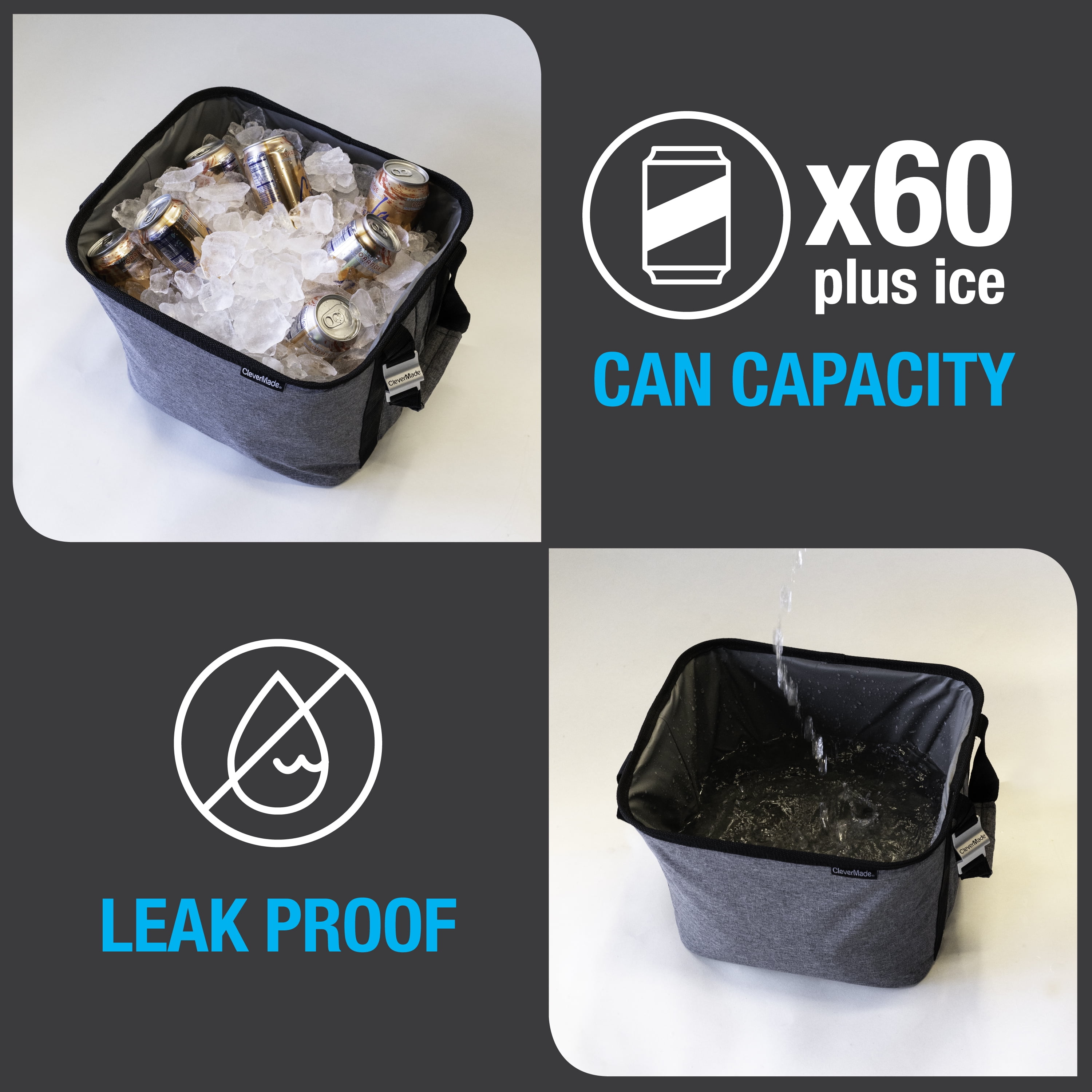 CleverMade 60 Can Party Tub, Insulated Leakproof Collapsible Beverage Cooler Bucket and Ice Chest for Backyard Parties, Tailgating and Home Entertaining, Charcoal