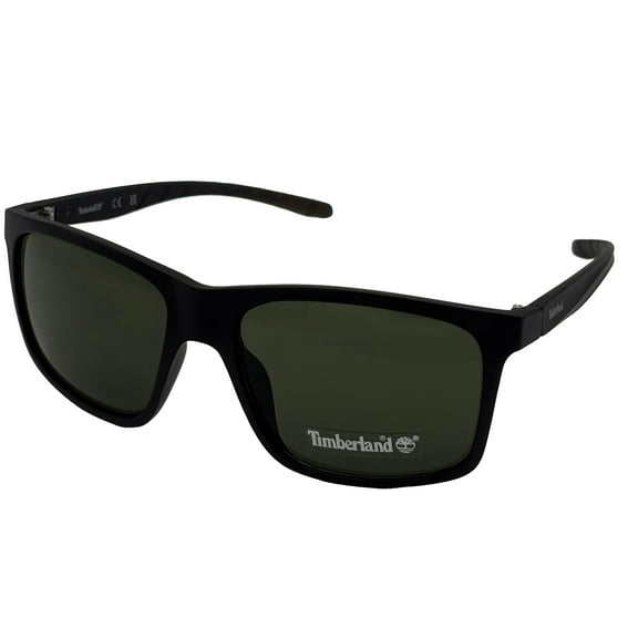 Timberland Matte Black Mens Plastic Rectangle Wrap Sunglass Green Lens TB7255 2N