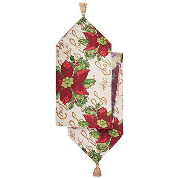 Violet Linen Decorative Christmas Tapestry Table Runner, 13" x 70", Poinsettia Script Design