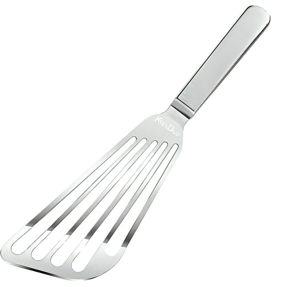 KSENDALO Stainless Steel Spatula, Slotted Flish Turner, Metal Spatula Turner for Kitchen Cooking, Barbecue ,Steak with Soft Grip Handle, Silver(11.8")