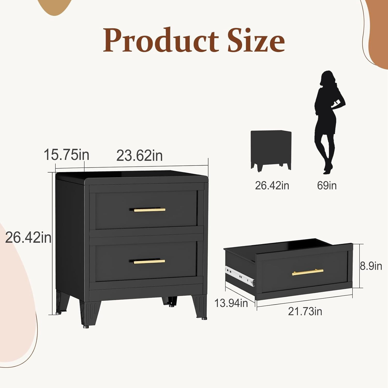 Erosoei Modern Metal Nightstand 2 Drawer Dresser for Bedroom