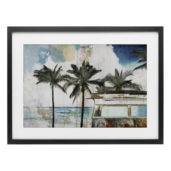 Beach Day Retro Vacation Black Framed Print Under Glass, design by Sasha