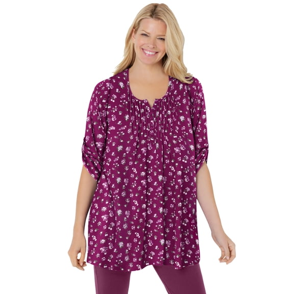 Woman Within Plus Size 7-Day Three-Quarter Sleeve Pintucked Henley Tunic