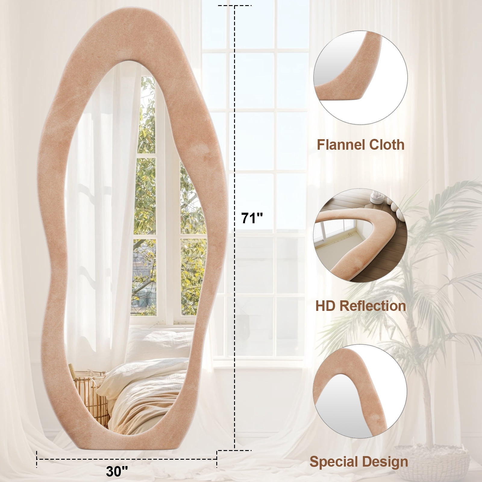 Anyrose 71"x30" Full Length Mirror Irregular Cloud Floor Mirror With Flannel Frame, Light Brown