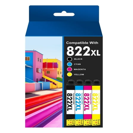 4 Pack 822 XL Ink Cartridges Compatible for Epson 822XL 822 Printer Ink Combo Pack for WorkForce Pro WF-3820 WF-4820 WF-4830 WF-4833 WF-4834 WF-3823 (Black, Cyan, Magenta, Yellow)