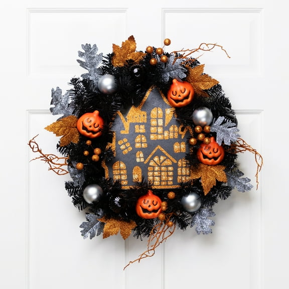 Northlight Glittered Haunted House Artificial Halloween Wreath - 24" - Unlit