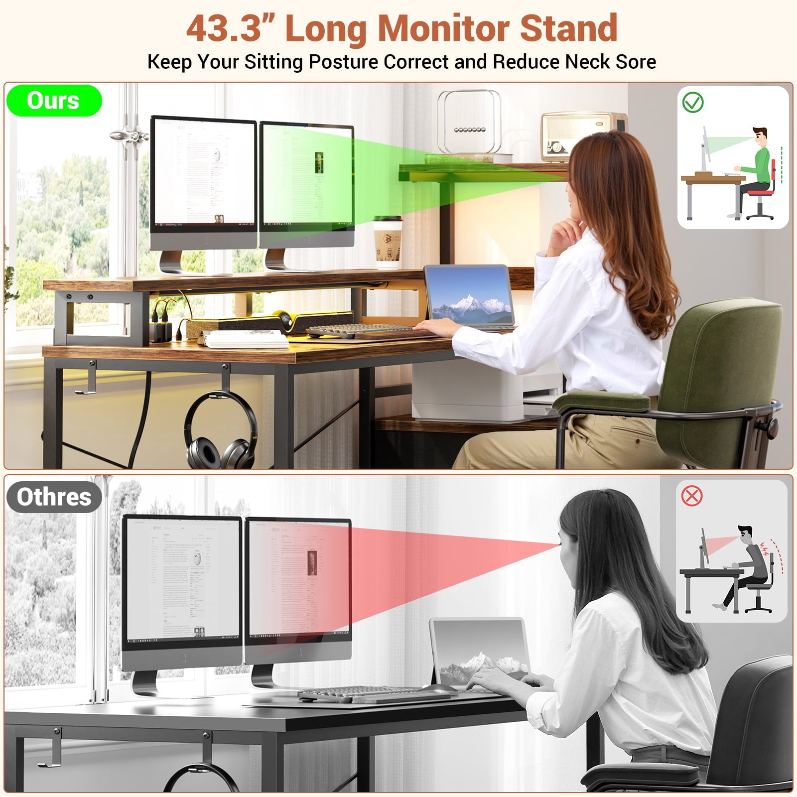 Homieasy Gaming Desk with LED Light Strip and Power Outlet, 59 Inch Reversible Computer Gaming Desk with Monitor Stand & Drawers, Rustic Brown