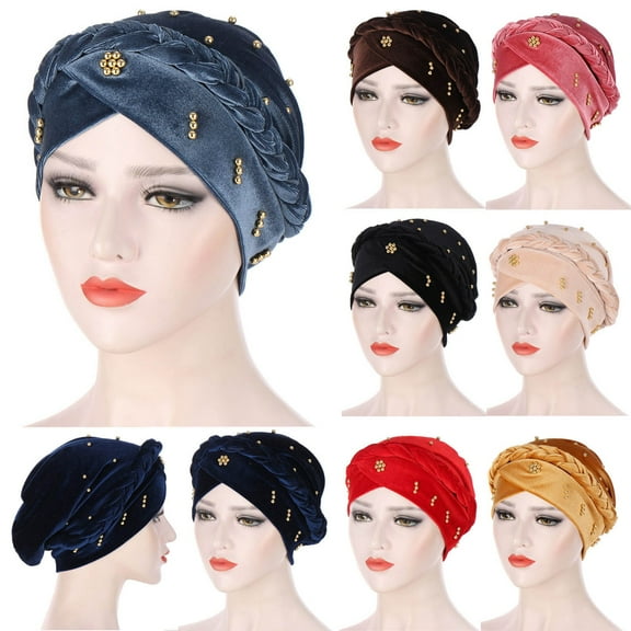 Solid Beaded Head Wrap for Women Comfortable Turban Style Cap with Ruffle Detail