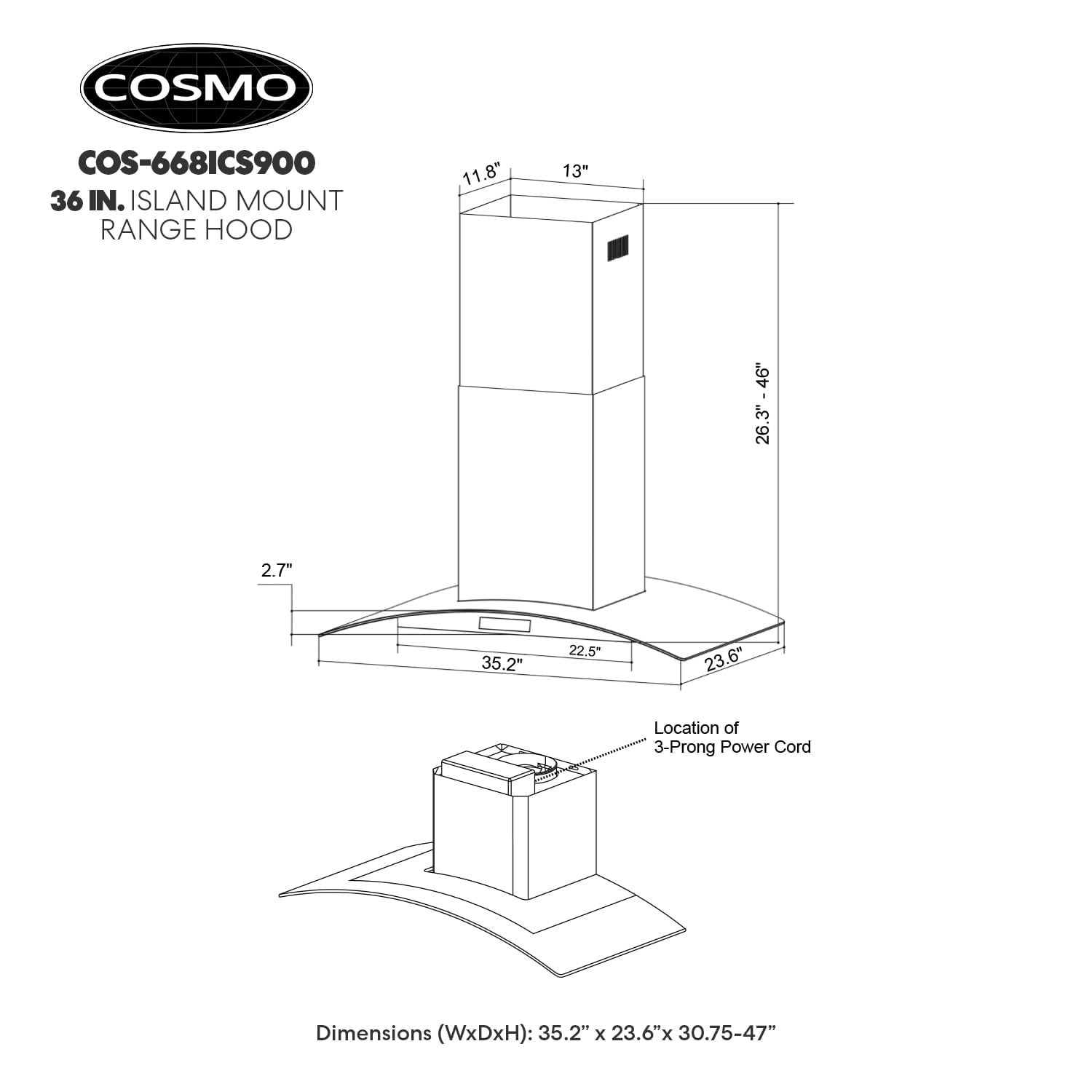 Pemberly Row Stainless Steel 36" 380 CFM Ducted Island Range Kitchen Hood