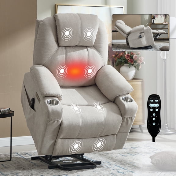 Chenille Power Lift Recliner Chair for Seniors, Heavy Duty 350 lbs Capacity with 8-Point Massage & Lumbar Heat, USB Type-A/C Ports, Stainless Steel Cup Holders, Living Room Comfort