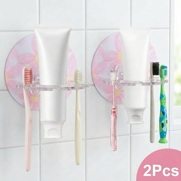 Atopoler 2 Pcs Wall Mounted Self Adhesive Toothbrush Holder,5 Slot Toothbrush and Toothpaste Organizer for Kid and Adult,Style 1