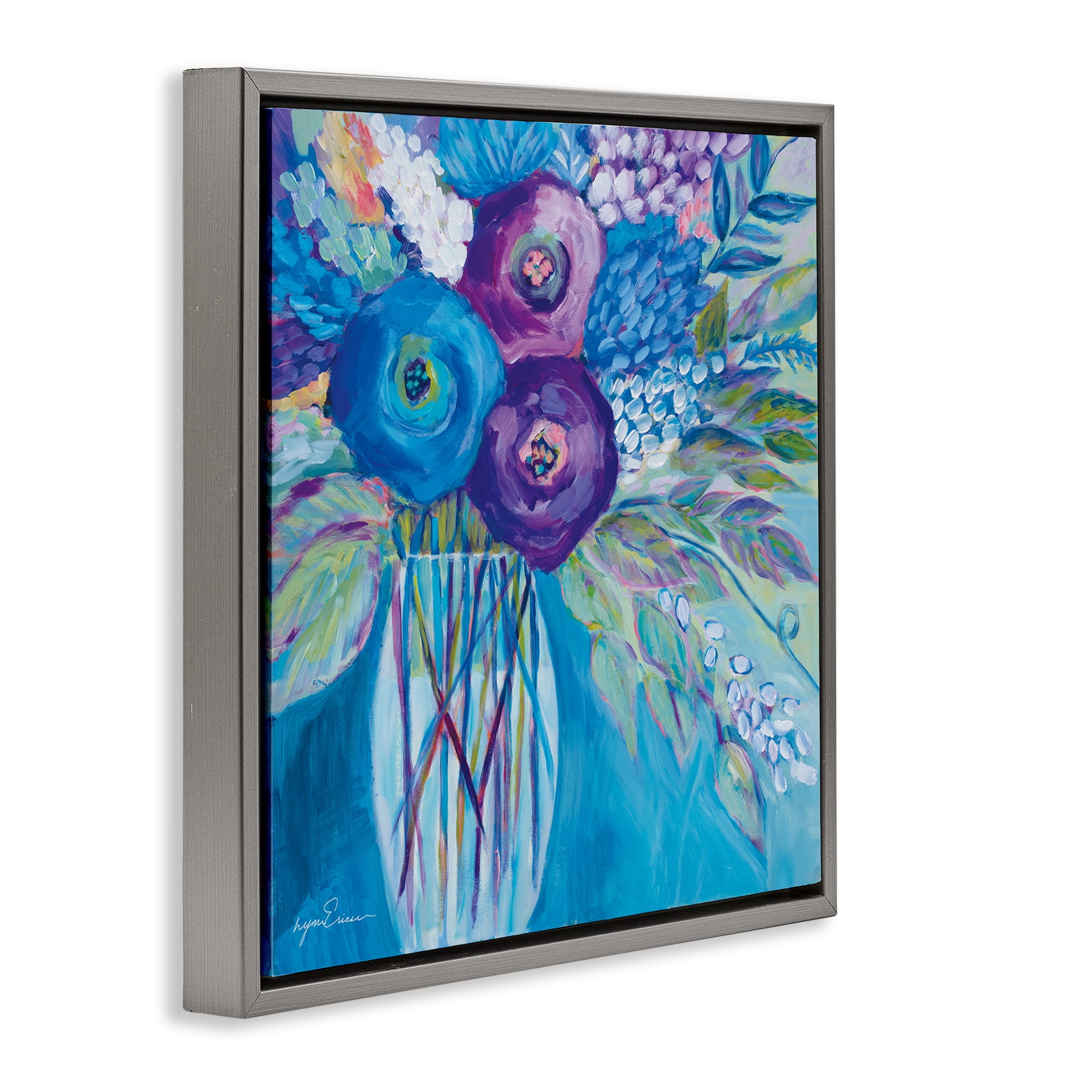 Stupell Industries True Blue Flower Bouquet Gray Framed Floater Canvas Wall Art, design by Lynn Ericson Fine Art
