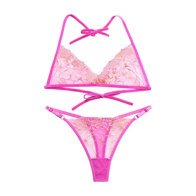Gibobby Conjuntos de bragas de encaje Bordado de malla de encaje sexy para mujer con conjunto de sujetador con correa de lencería de estilo francés(Rosa caliente, M)