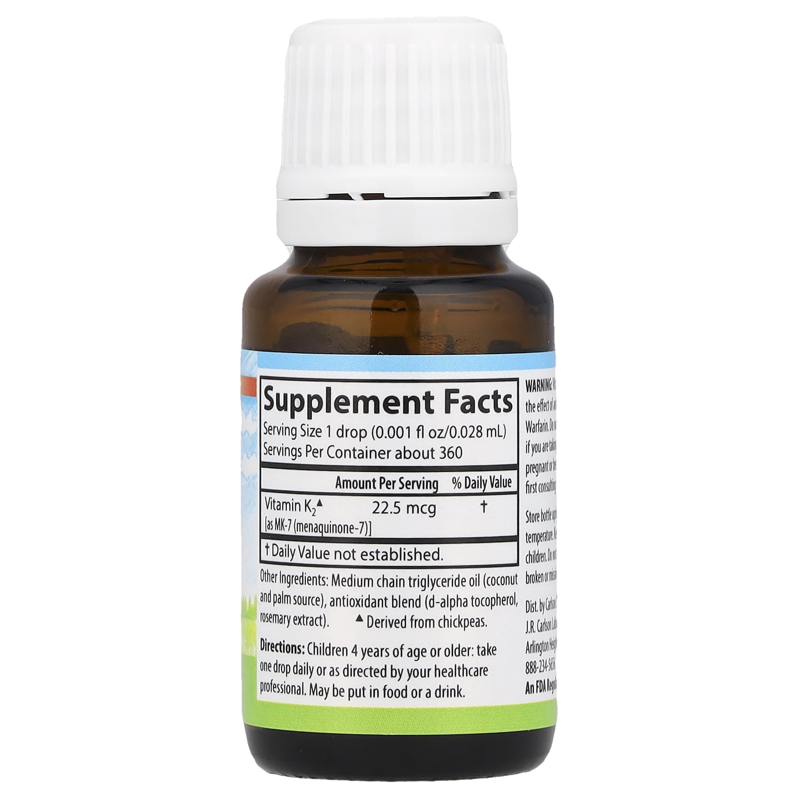 Carlson - Kid's Super Daily K2, 22.5 mcg, Liquid Vitamin K2 as MK7, Vegetarian, Unflavored, 360 Drops