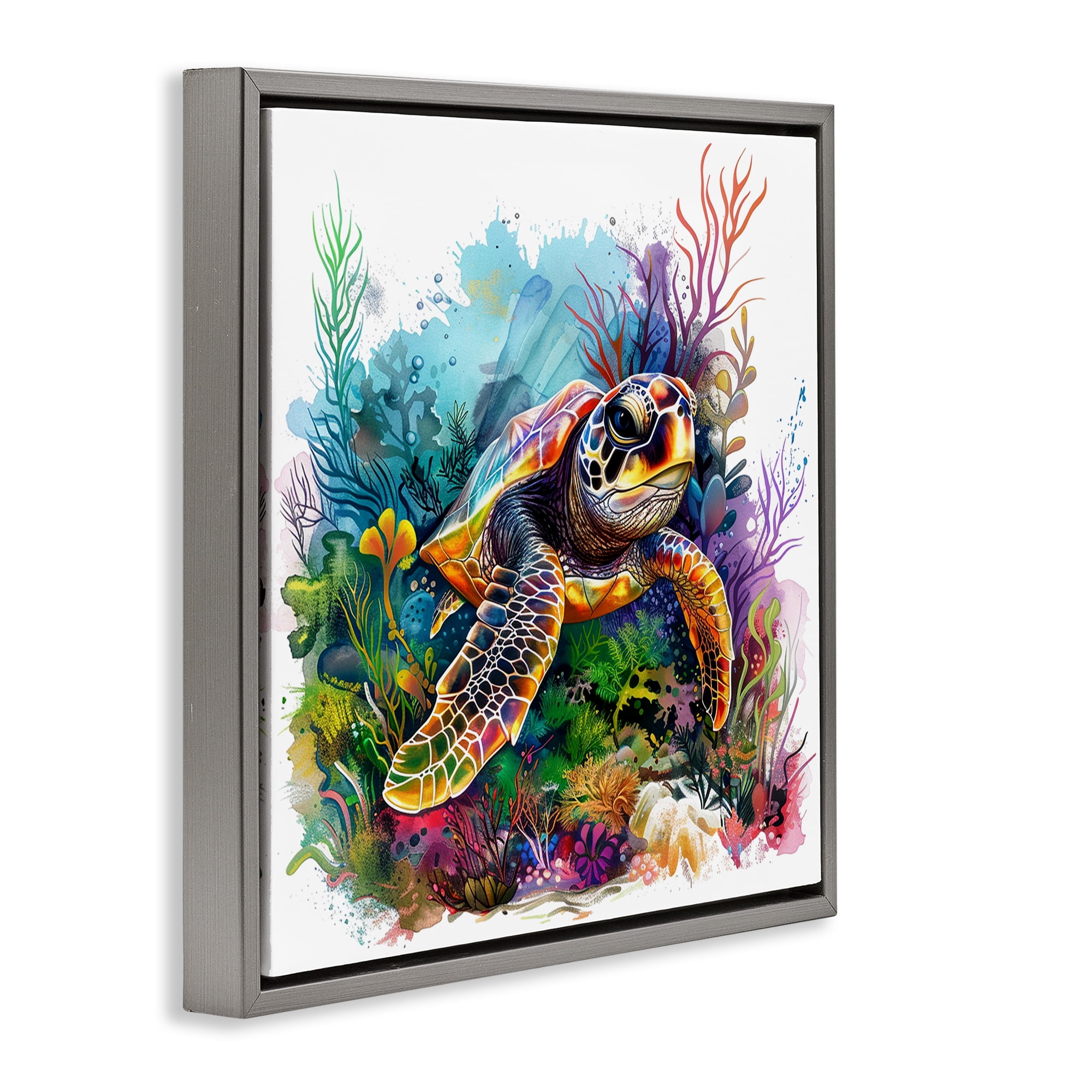 Stupell Industries Coral & Sea Life Turtle Animals Painting Gray Floater Framed Canvas Art Print Wall Art, 25 x 25