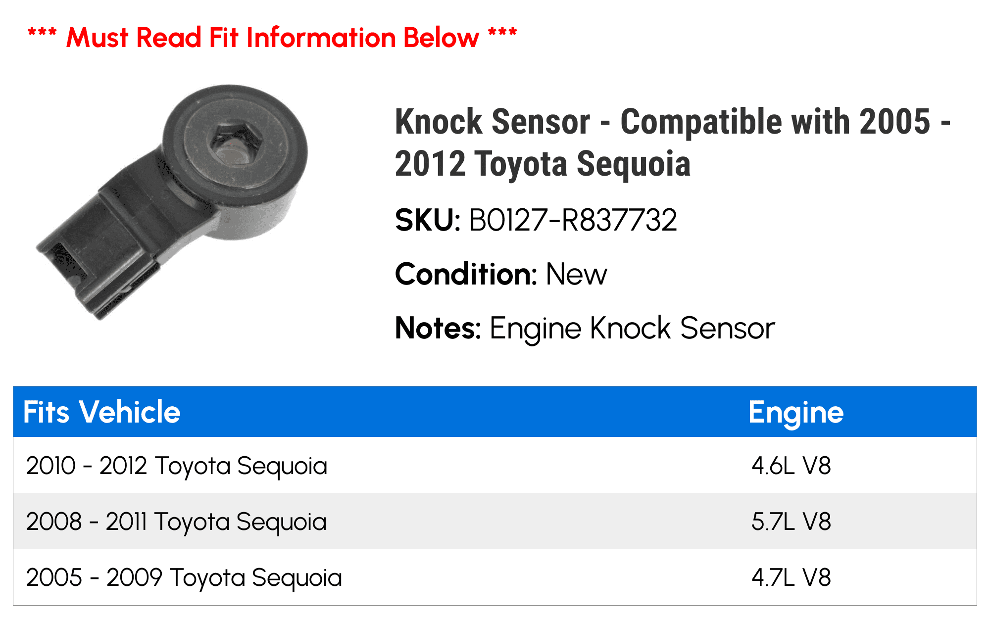 Knock Sensor - Compatible with 2005 - 2012 Toyota Sequoia 2006 2007 2008 2009 2010 2011