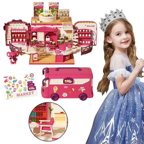 IMENGL Dollhouse Playset DIY Pretend Portable Bus Toy Kit With Little Critters Bunny Dolls Mini Cottage House Set Camping Family Toys For Toddler 3 4 5 6 Year Old Barbecue Grill,11x19x11,5cm,Rot,2er