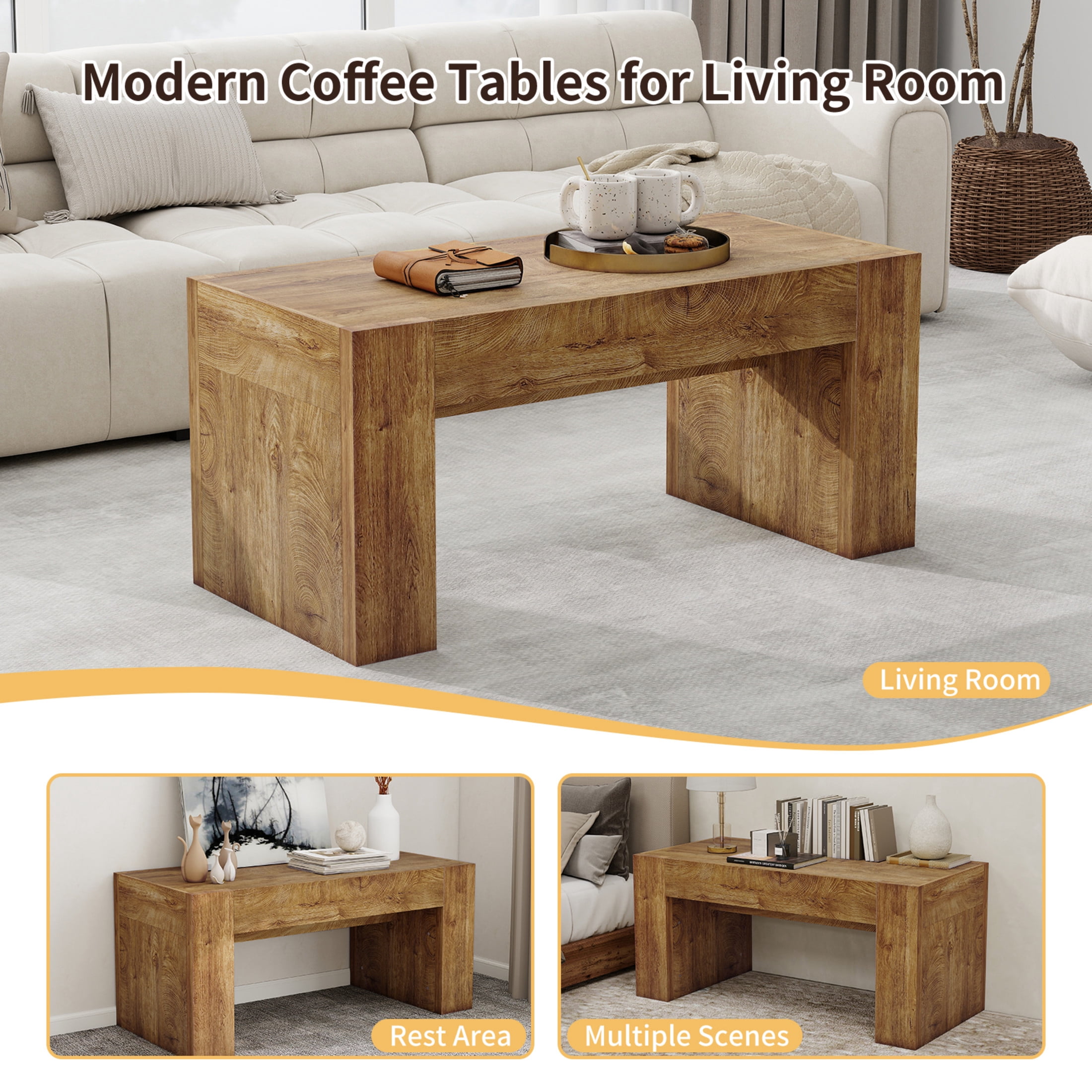 Noble House 48" Farmhouse Living Room Coffee Table, Rectangle Wooden Center Table with Hidden Storage, Natural