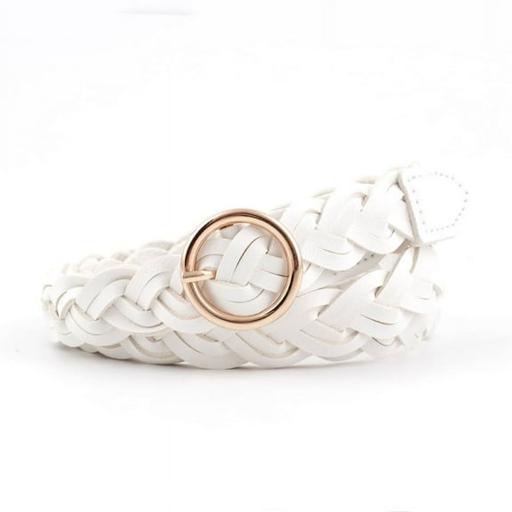 43.31in Women Knitted Belts Solid Color PU Leather Braided Decorative Thin Waist Belt Round Gold Pin Buckle Jeans Dress Waistband